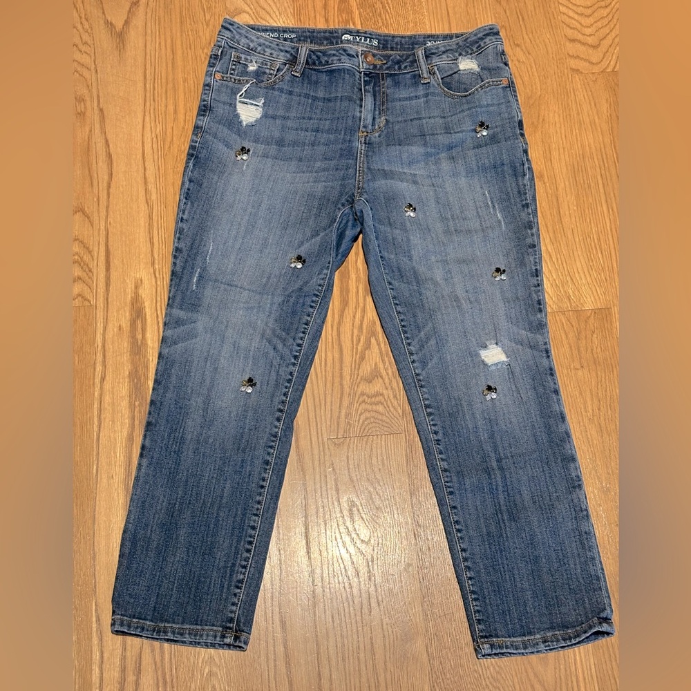 Stylus Jewel-Embellished Straight Leg Boyfriend Cut Denim Jeans- 30/10